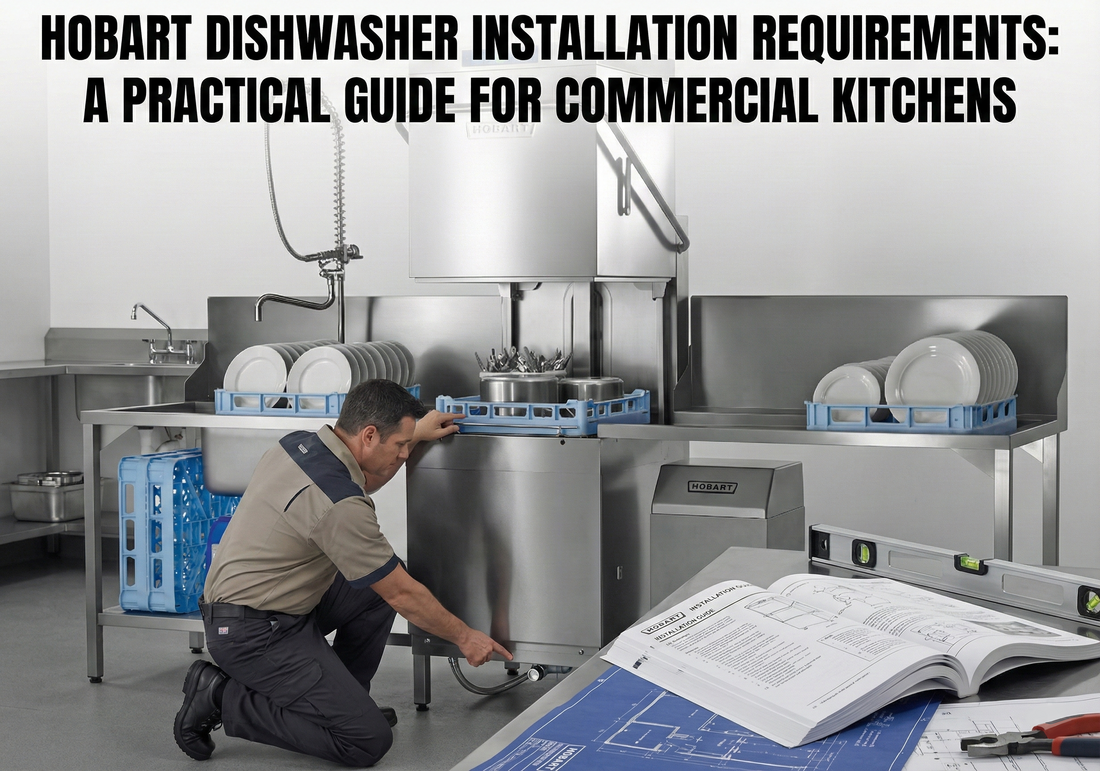 Commercial kitchen with a Hobart dishwasher showing tabling, plumbing and correct installation layout. 