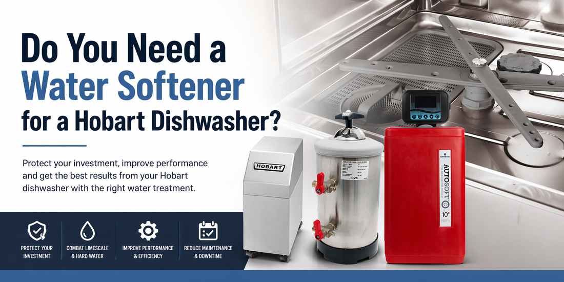 Hobart commercial dishwasher with external water softener for hard water protection 