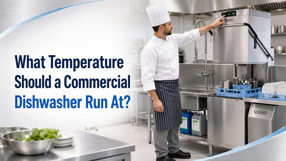 Chef checking a commercial dishwasher temperature display in a professional kitchen
