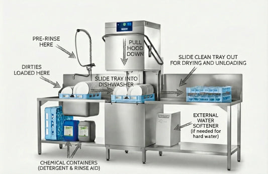 Hobart pass-through dishwasher with four-sided hood in a commercial kitchen. 